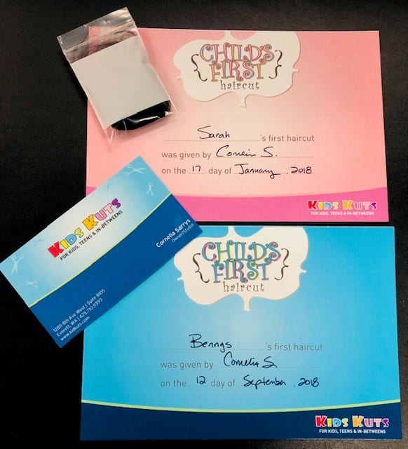 Certificates and cards for the baby’s first haircut